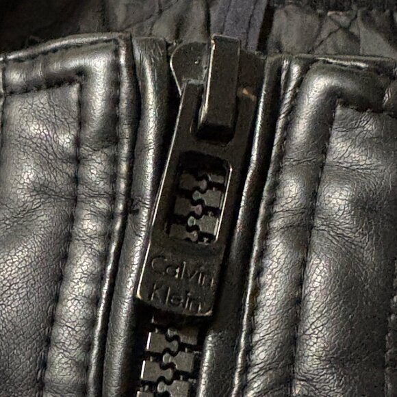 Calvin Klein Black Faux Leather Mens Bomber Jacket Zipper Pockets XL - Picture 4 of 10